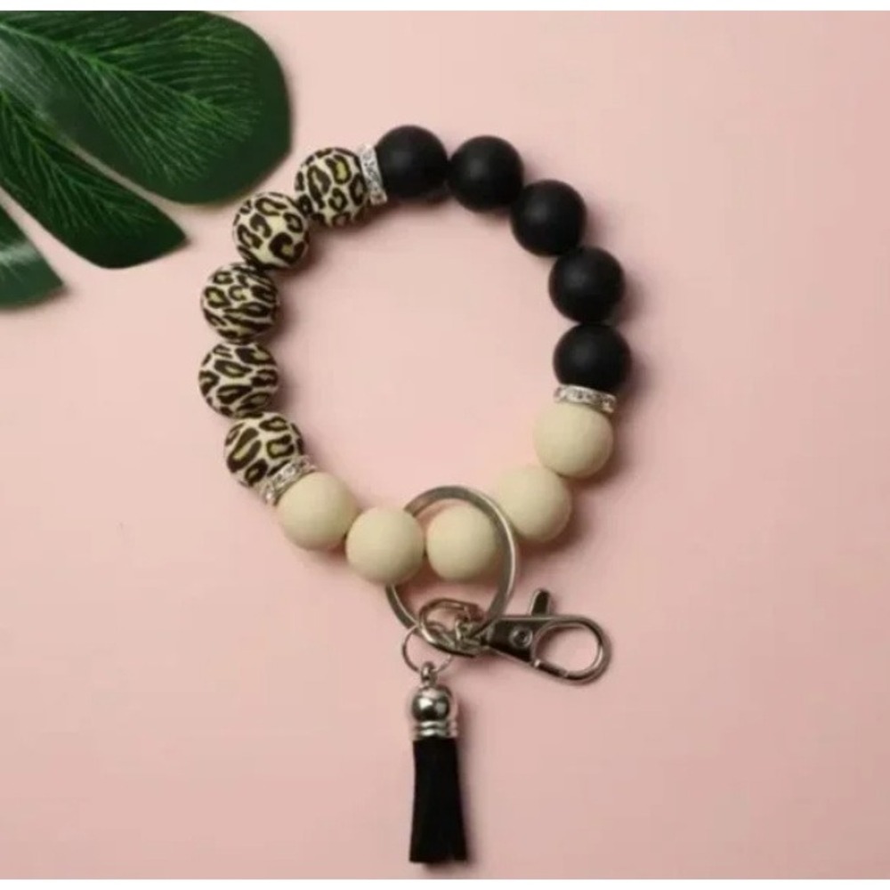Wholesale Lot‎ of 2-Beaded Keychain Bracelet Leopard Charm Tassel Boutique